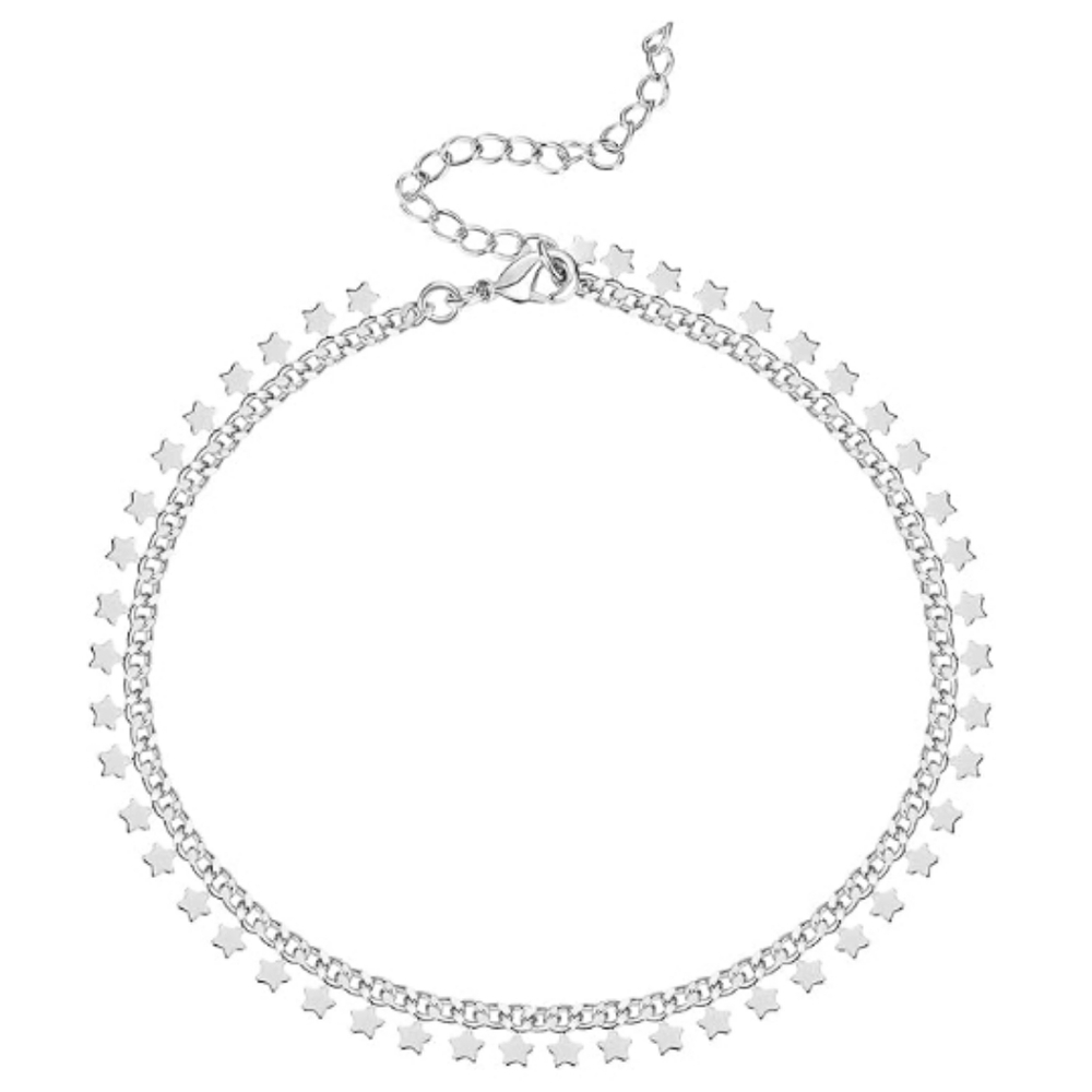 14K Gold Plated Charm Link Chain Star Adjustable Anklet In White Gold - Picture 5 of 5
